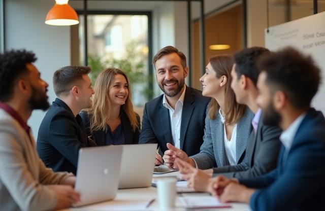 Strategia Partners team collaborating enthusiastically in a modern office
